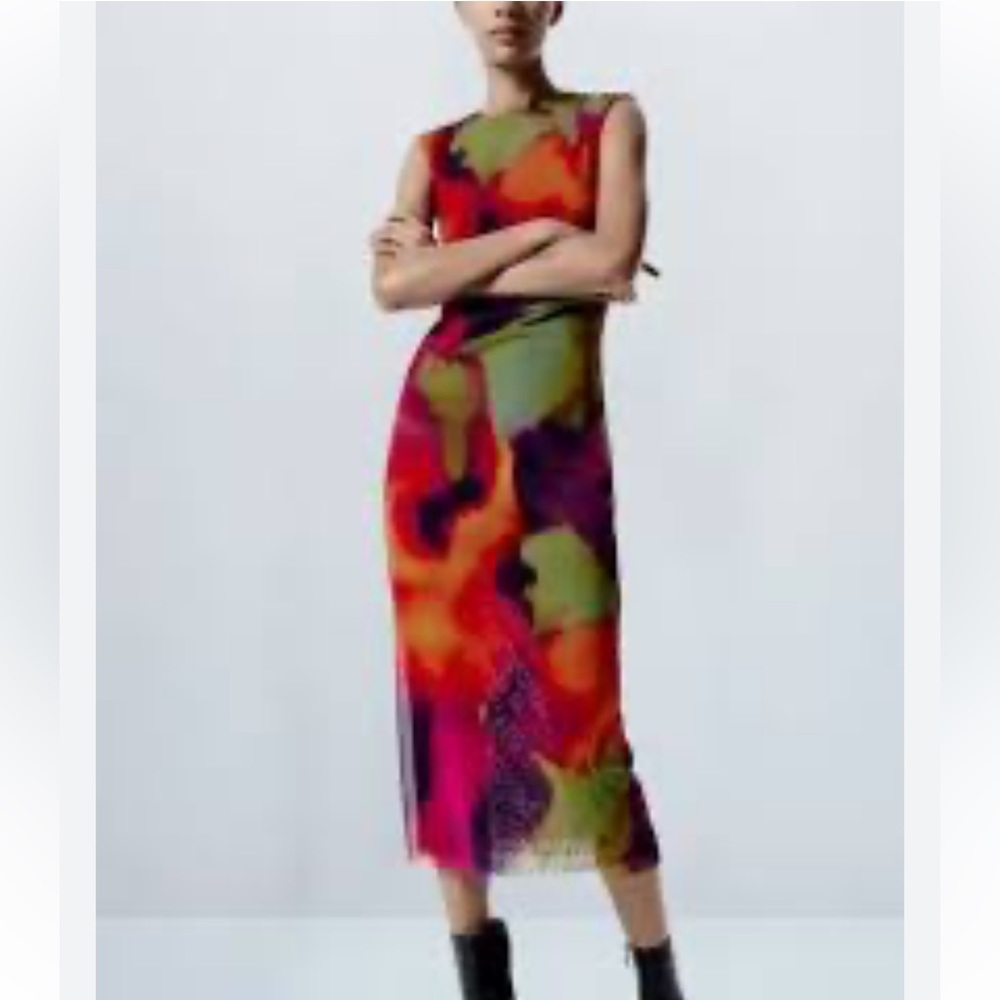 Zara Pink, Orange, Green & Purple Mesh Ruched Midi Dress Medium